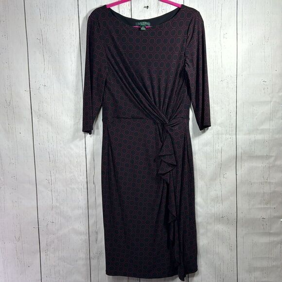 Lauren Ralph Lauren Knot Ruffle Ruched Black Burgundy 3/4 Sleeves Midi Dress - Picture 4 of 15